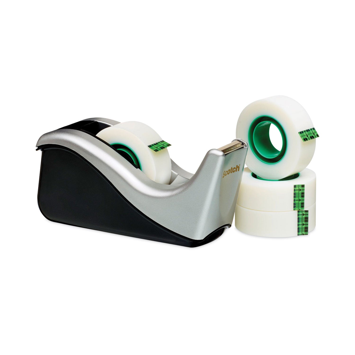 Value Desktop Tape Dispenser, Attached 1" Core, Black/Silver -