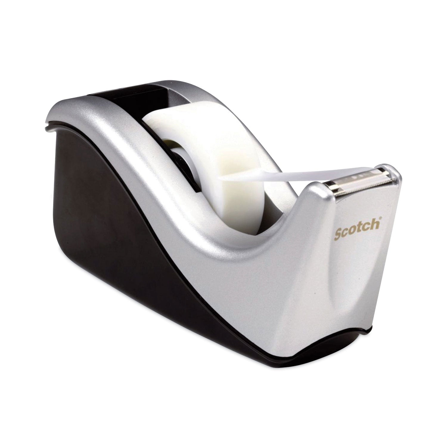 Value Desktop Tape Dispenser, Attached 1" Core, Black/Silver -