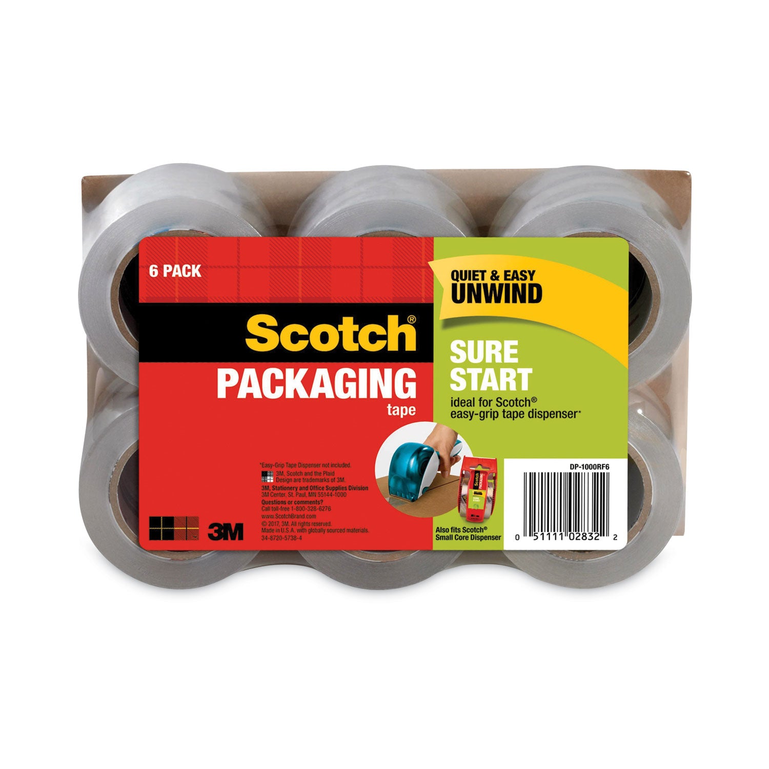 Sure Start Packaging Tape for DP1000 Dispensers, 1.5" Core, 1.88" x 75 ft, Clear, 6/Pack -