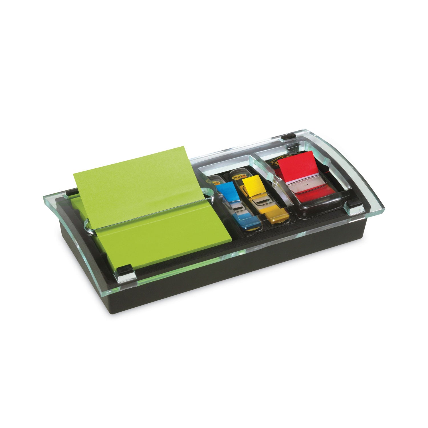 Note and Flag Dispenser, For 3 x 3 Pads, Black/Clear, Includes 45-Sheet Canary Super Sticky Pop-up Pad; (50) 1" Flags -