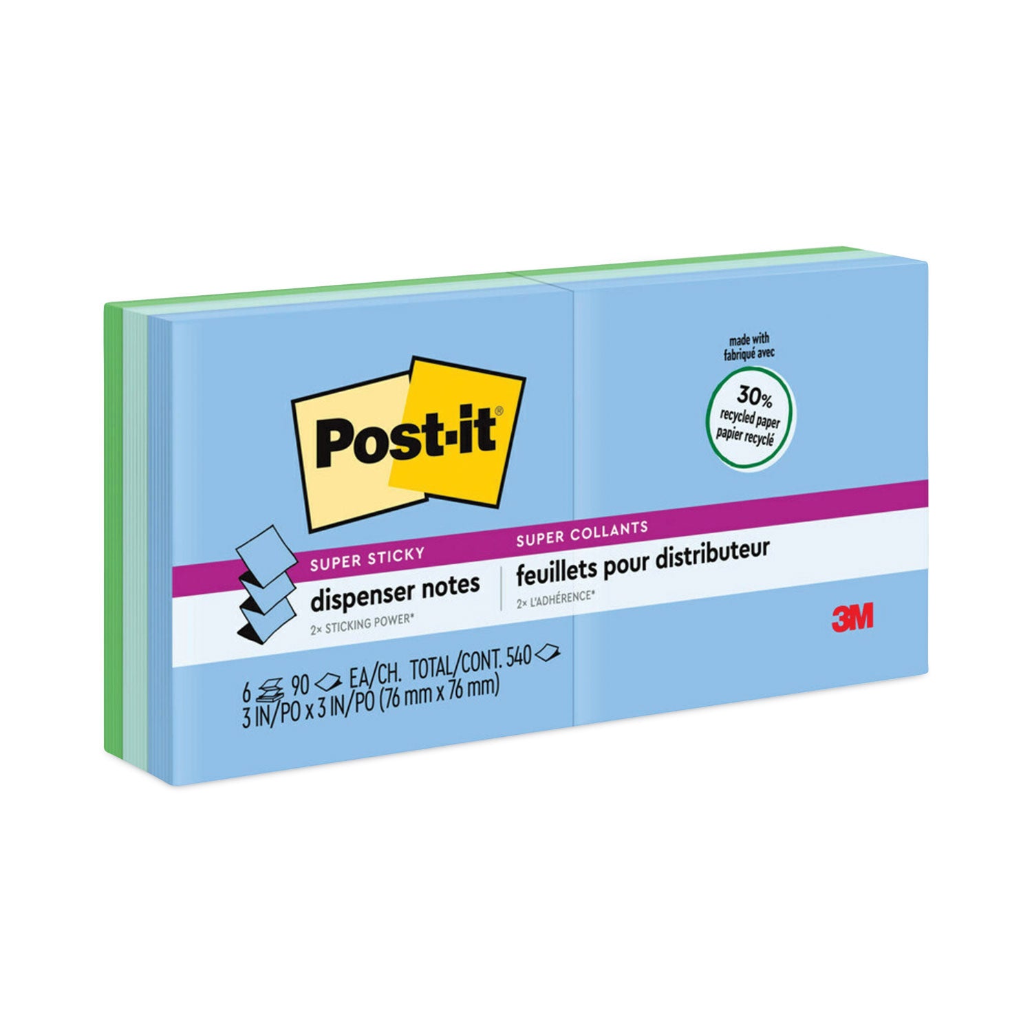 Recycled Pop-up Notes in Oasis Collection Colors, 3 x 3, 90 Sheets/Pad, 6 Pads/Pack -
