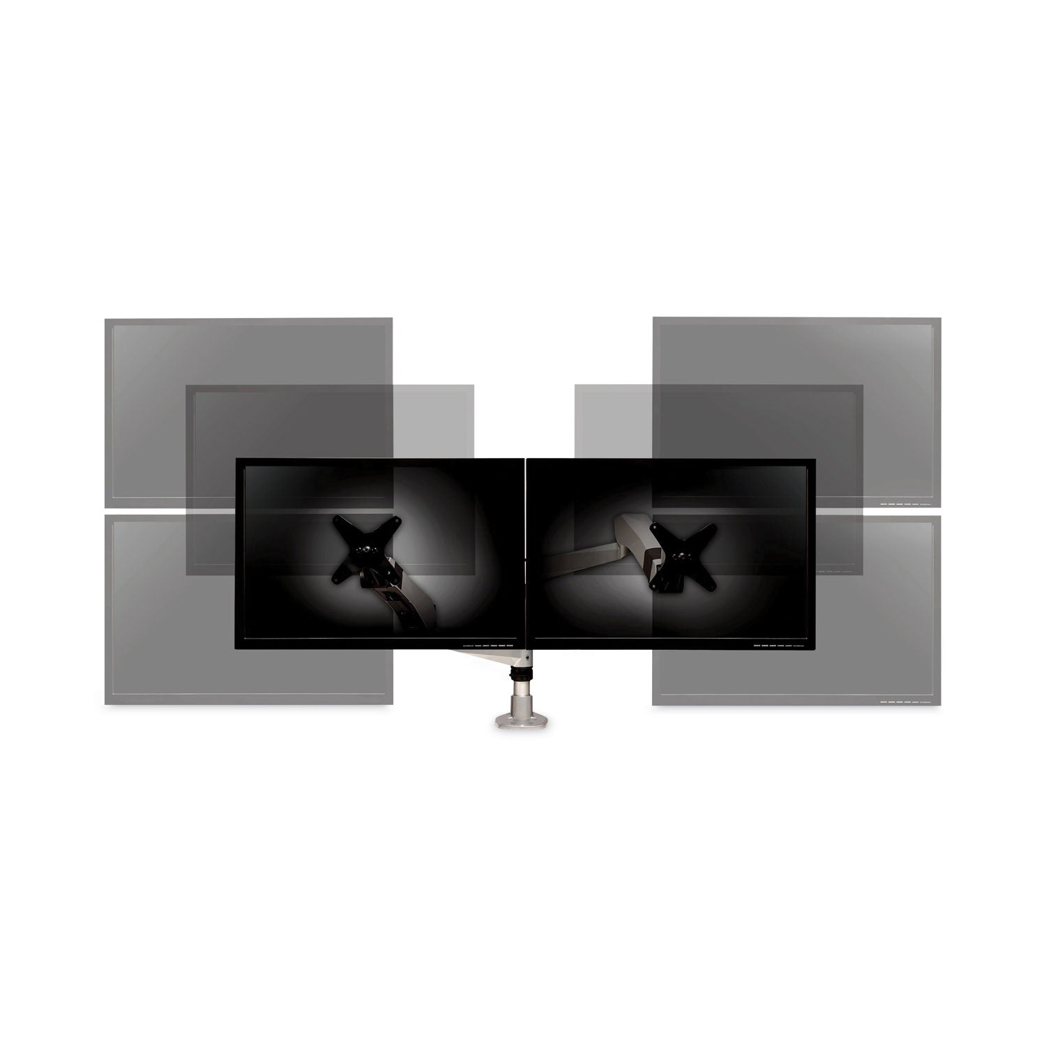 Easy-Adjust Desk Dual Arm Mount for 27" Monitors, 360 deg Rotation, +90/-15 deg Tilt, 360 deg Pan, Silver, Supports 20 lb -
