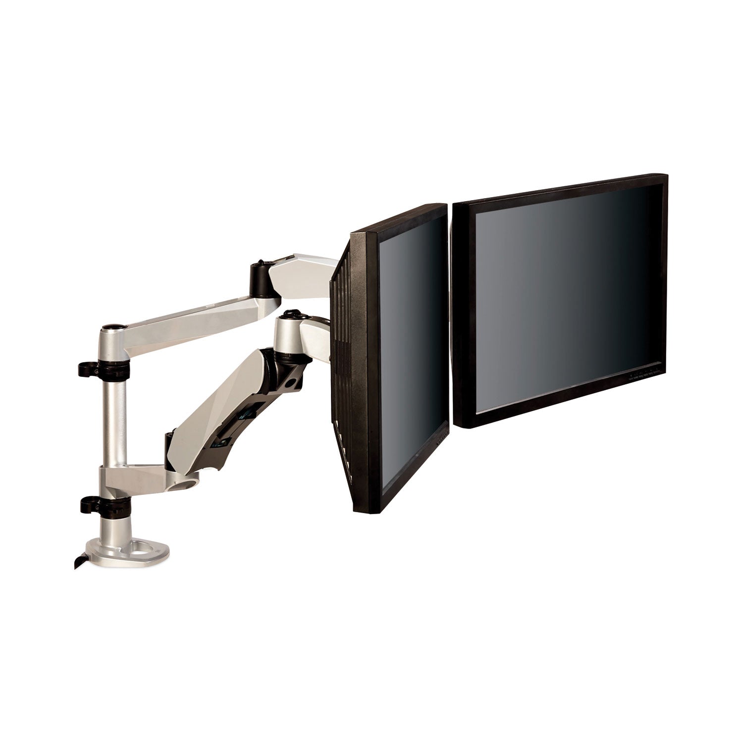 Easy-Adjust Desk Dual Arm Mount for 27" Monitors, 360 deg Rotation, +90/-15 deg Tilt, 360 deg Pan, Silver, Supports 20 lb -