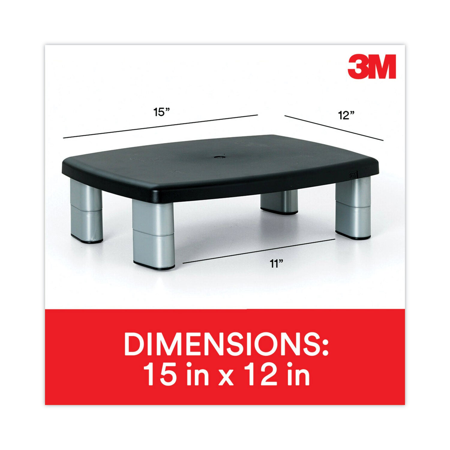 Adjustable Height Monitor Stand, 15" x 12" x 2.63" to 5.78", Black/Silver, Supports 80 lbs -