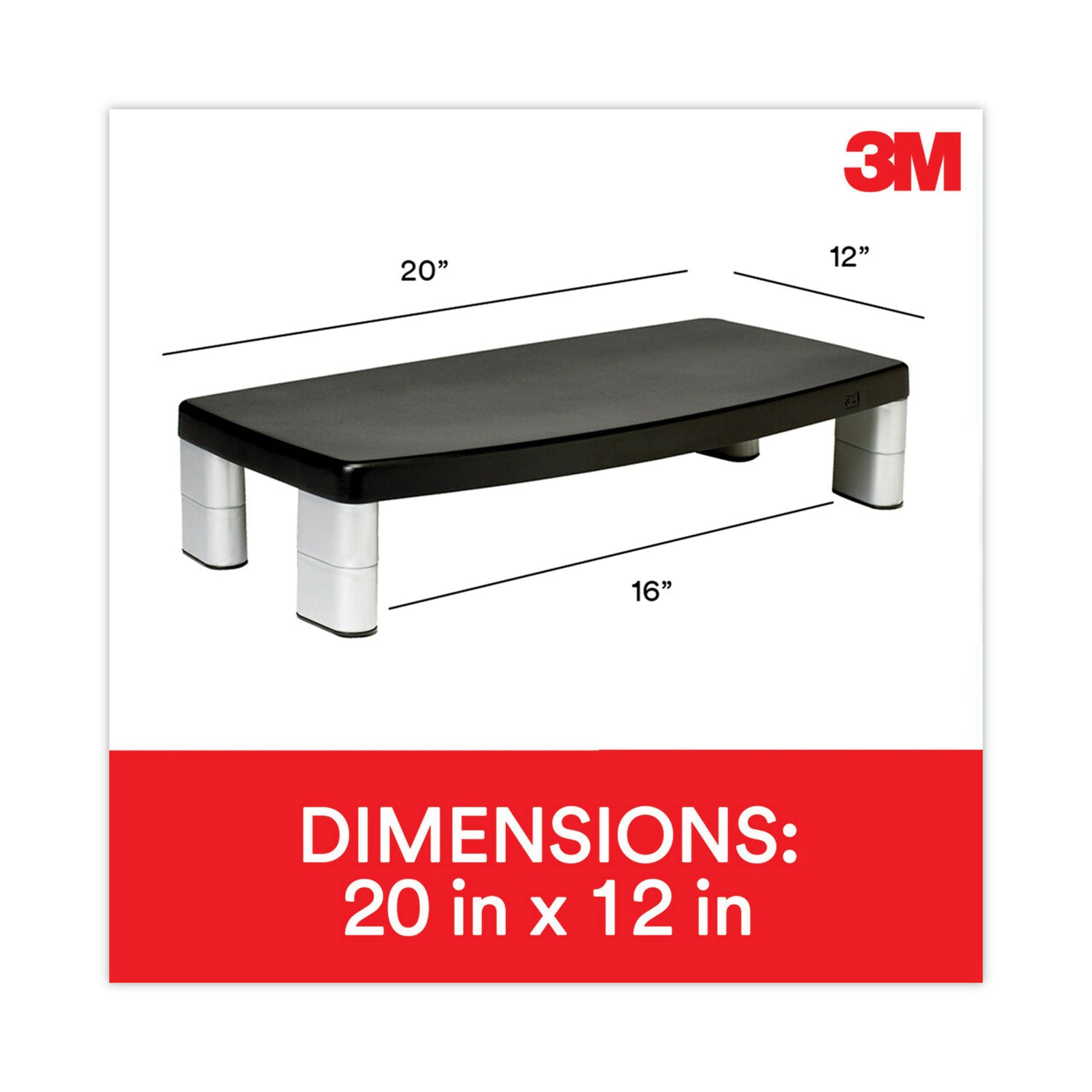 Extra-Wide Adjustable Monitor Stand, 20" x 12" x 1" to 5.78", Silver/Black, Supports 40 lbs -