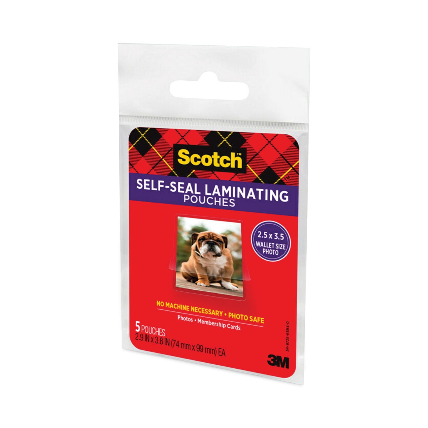 Self-Sealing Laminating Pouches, 9.5 mil, 2.81" x 3.75", Gloss Clear, 5/Pack -