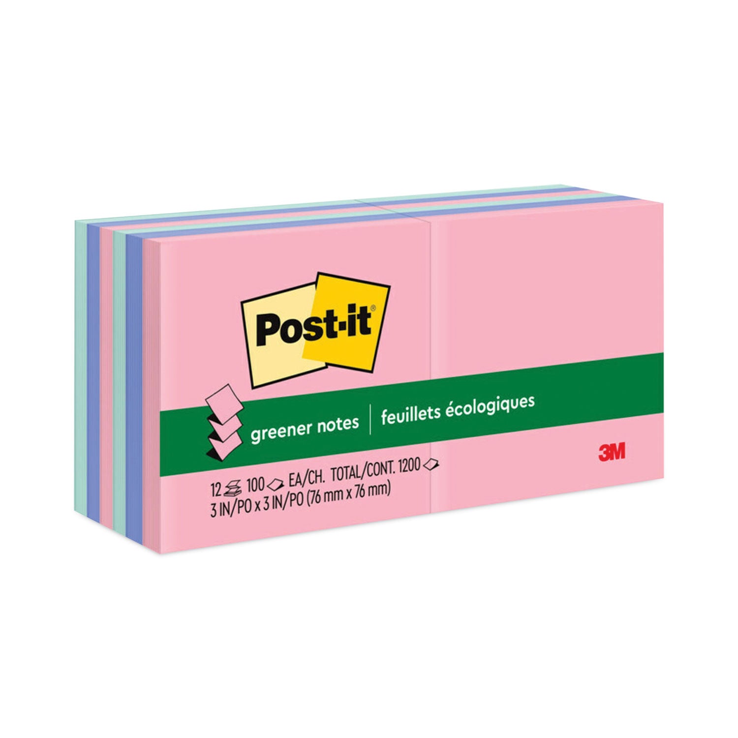 Original Recycled Pop-up Notes, 3 x 3, Sweet Sprinkles Collection Colors, 100 Sheets/Pad, 12 Pads/Pack -