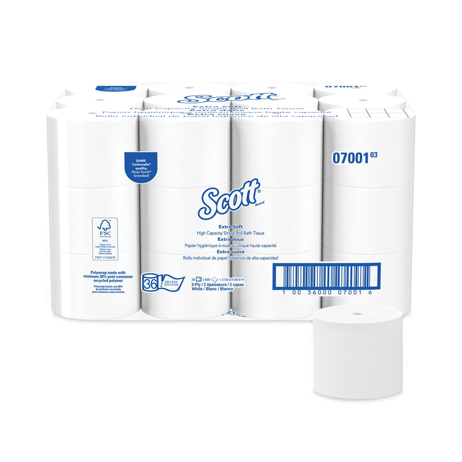 Essential Extra Soft Coreless Standard Roll Bath Tissue, Septic Safe, 2-Ply, White, 800 Sheets/Roll, 36 Rolls/Carton -