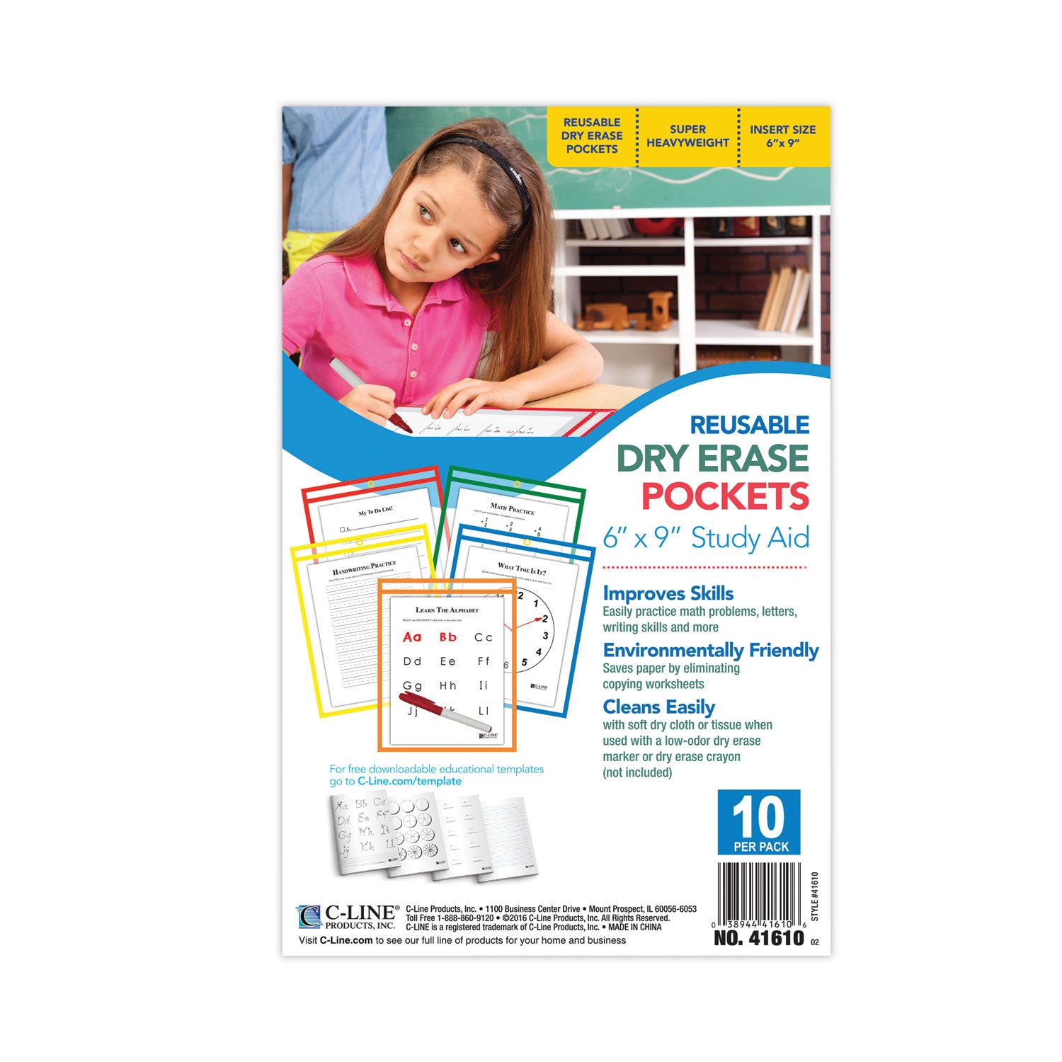 Reusable Dry Erase Pockets, 6 x 9, Assorted Primary Colors, 10/Pack -