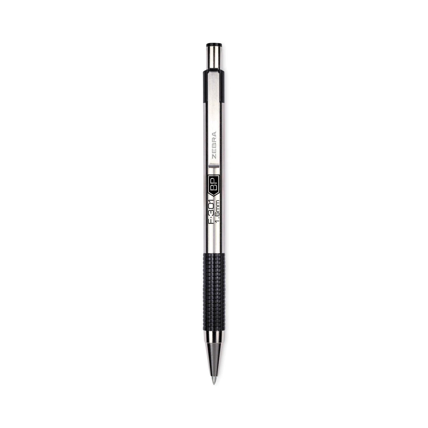 F-301 Ballpoint Pen, Retractable, Bold 1.6 mm, Black Ink, Stainless Steel/Black Barrel, 12/Pack -