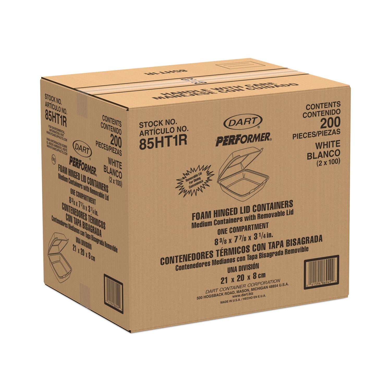 Foam Hinged Lid Containers, 1-Compartment, 8.38" x 7.78" x 3.25", White, 200/Carton -