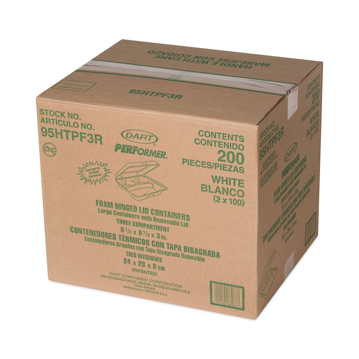 Foam Hinged Lid Container, 3-Compartment, 9.3 x 9.5 x 3, White, 100/Bag, 2 Bag/Carton -