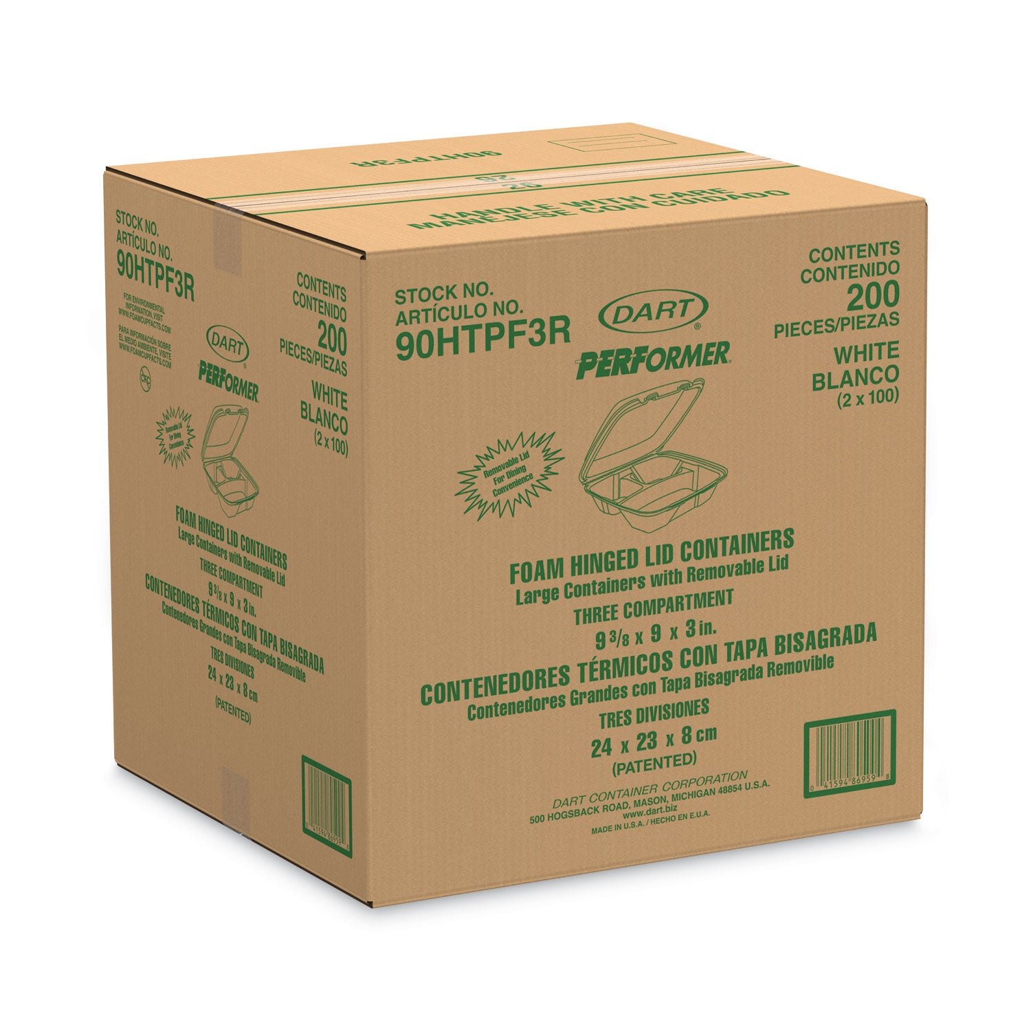 Foam Hinged Lid Container, Performer Perforated Lid, 3-Compartment, 9 x 9.4 x 3, White, 100/Bag, 2 Bag/Carton -