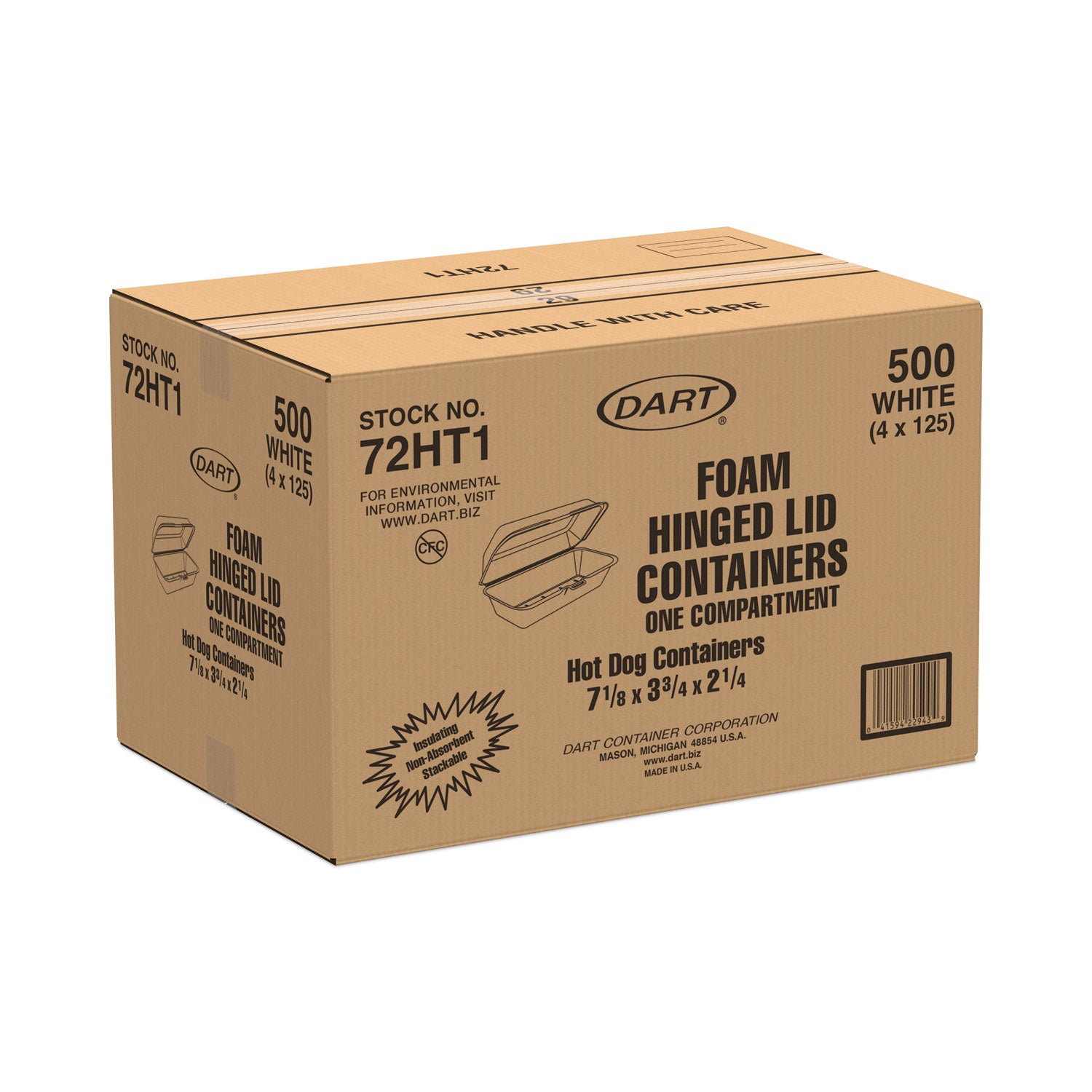 Foam Hinged Lid Container, Hot Dog Container, 3.8 x 7.1 x 2.3, White,125/Bag, 4 Bags/Carton -