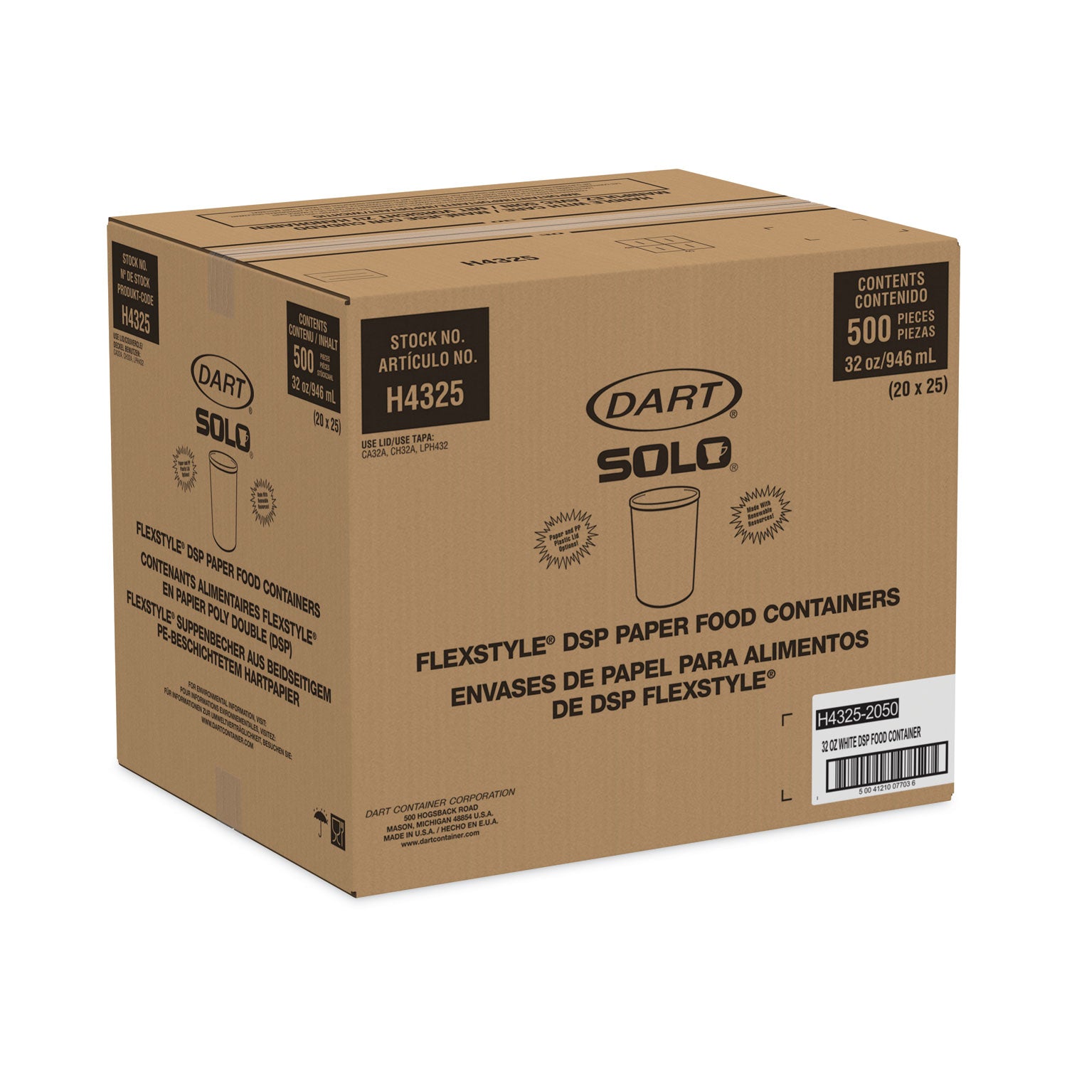 Flexstyle Double Poly Paper Containers, 32 oz, White, Paper, 25/Pack, 20 Packs/Carton -