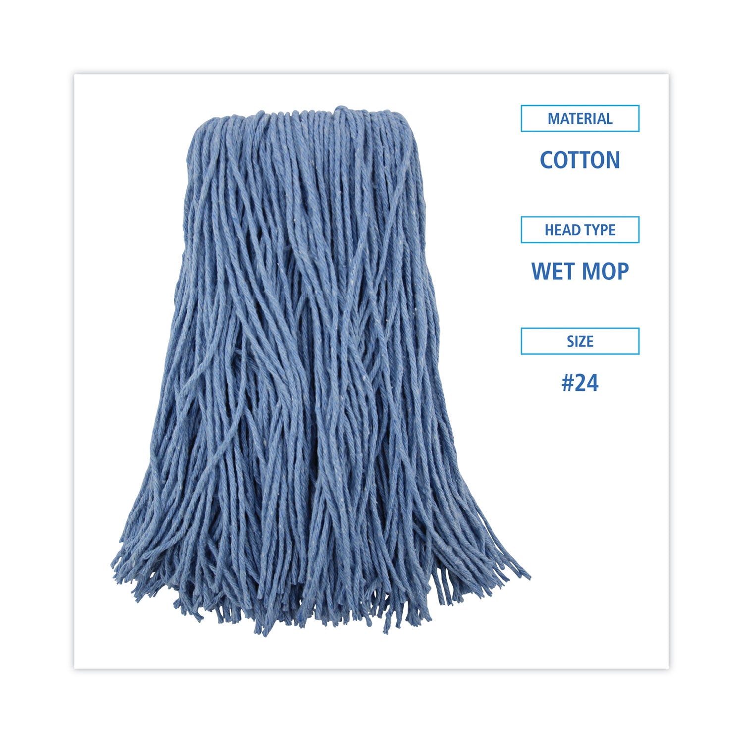 Mop Head, Standard Head, Cotton/Synthetic Fiber, Cut-End, #24, Blue, 12/Carton -
