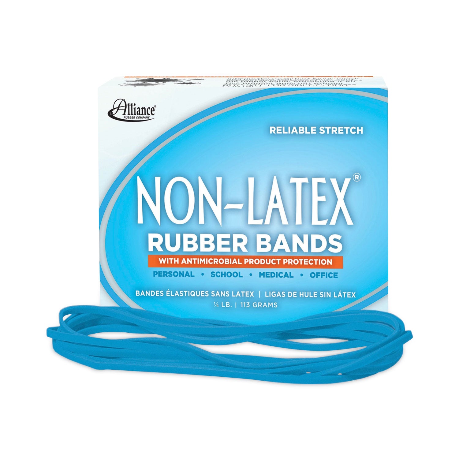 Antimicrobial Non-Latex Rubber Bands, Size 117B, 0.06" Gauge, Cyan Blue, 4 oz Box, 62/Box -