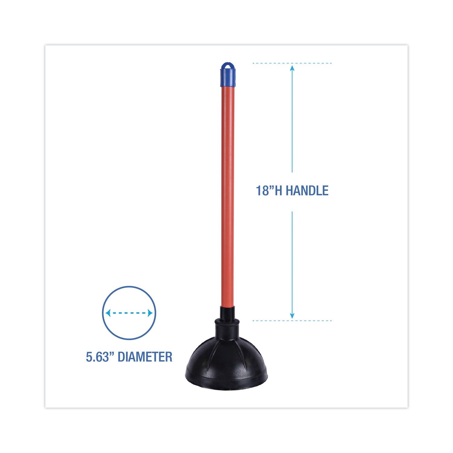 Toilet Plunger, 18" Plastic Handle, 5.63" dia, Red/Black -