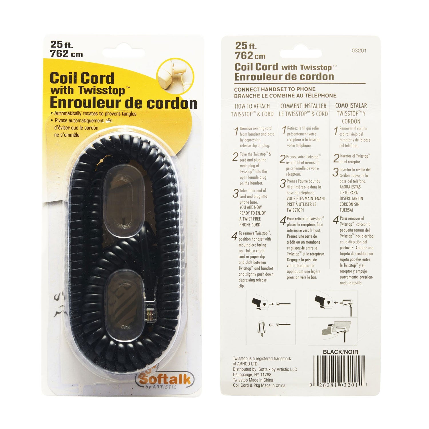Twisstop Detangler with Coiled, 25-Foot Phone Cord, Black -
