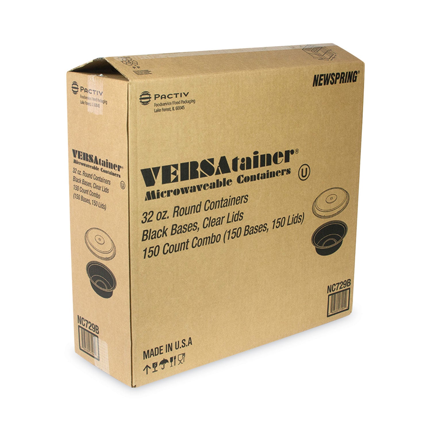 Newspring VERSAtainer Microwavable Containers, 32 oz, 7 Diameter x 2 h, Black/Clear, Plastic, 150/Carton -