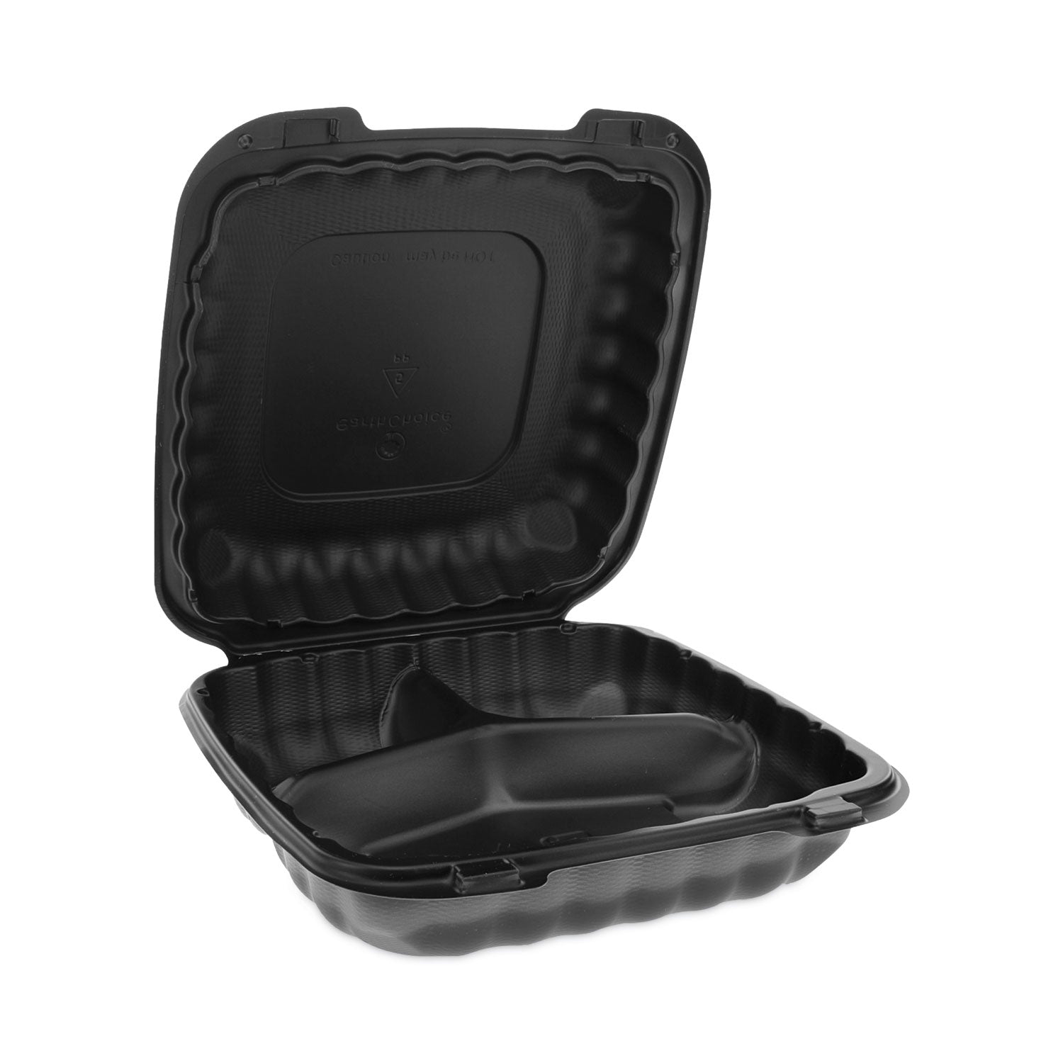 earthchoice-smartlock-microwavable-mfpp-hinged-lid-container-3-compartment-933-x-888-x-31-black-plastic-120-carton_pctycnb09030000 - 2