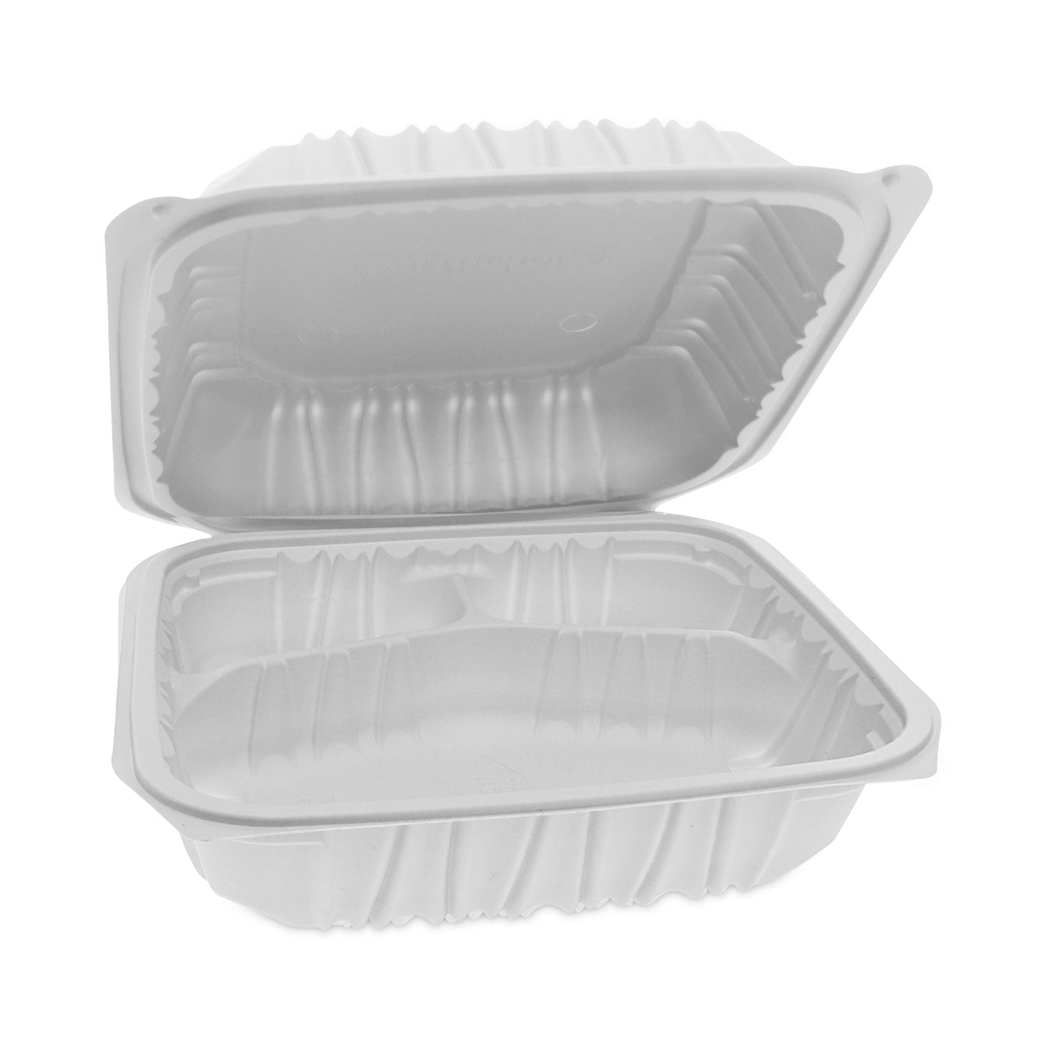earthchoice-vented-microwavable-mfpp-hinged-lid-container-3-compartment-85-x-85-x-31-white-plastic-146-carton_pctycnw0853 - 2