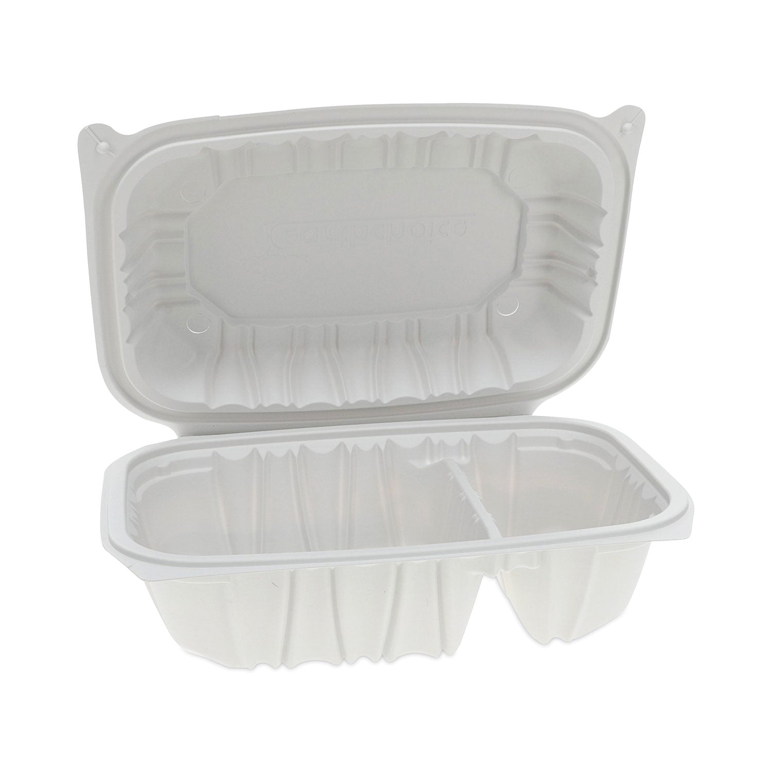 earthchoice-vented-microwavable-mfpp-hinged-lid-container-2-compartment-9-x-6-x-31-white-plastic-170-carton_pctycnw02052 - 2