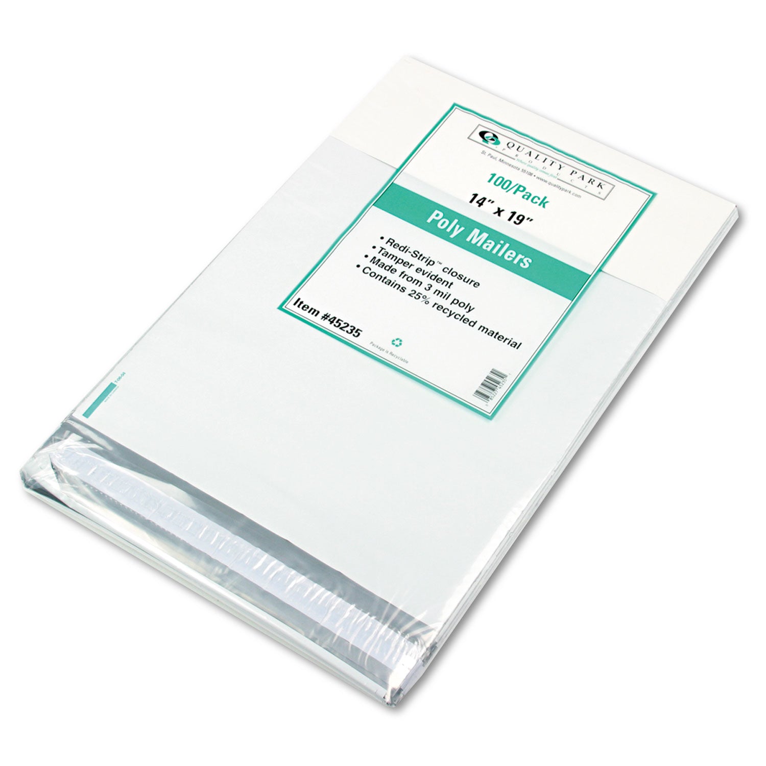 Redi-Strip Poly Mailer, #6, Square Flap, Redi-Strip Adhesive Closure, 14 x 19, White, 100/Pack -