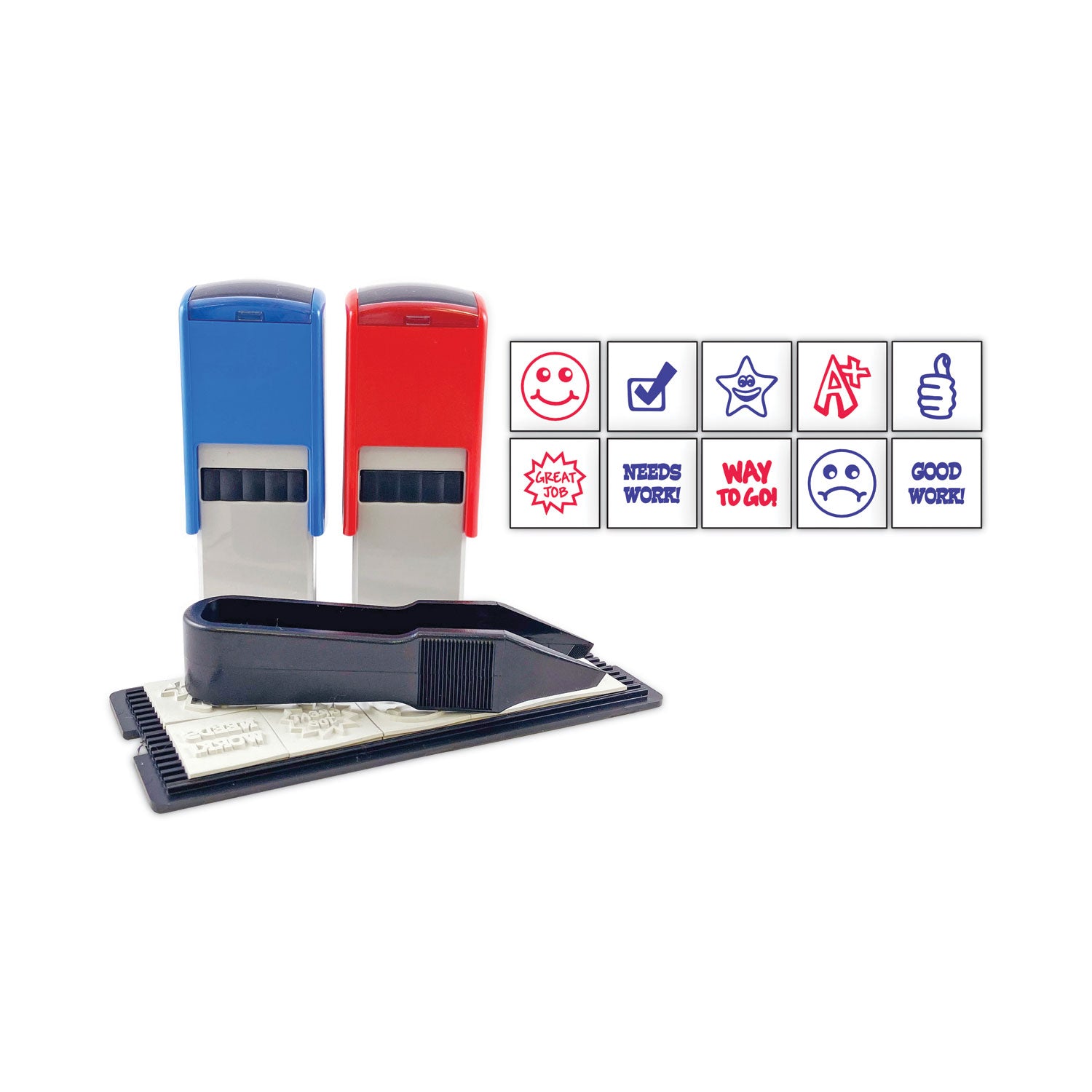 Printy 10-in-1 Self-Inking Teacher Stamp, Incudes 10 Dies, 0.63" Diameter, Blue/Red -