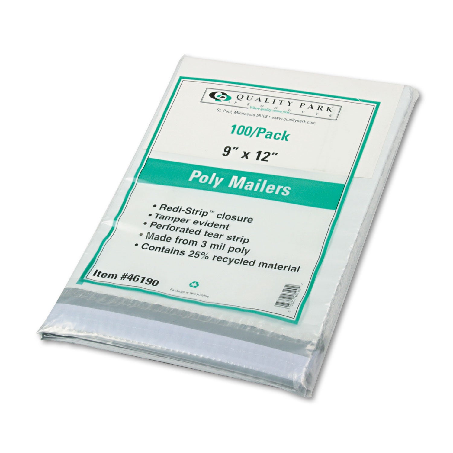 Redi-Strip Poly Mailer, #3, Square Flap with Perforated Strip, Redi-Strip Adhesive Closure, 9 x 12, White, 100/Pack -