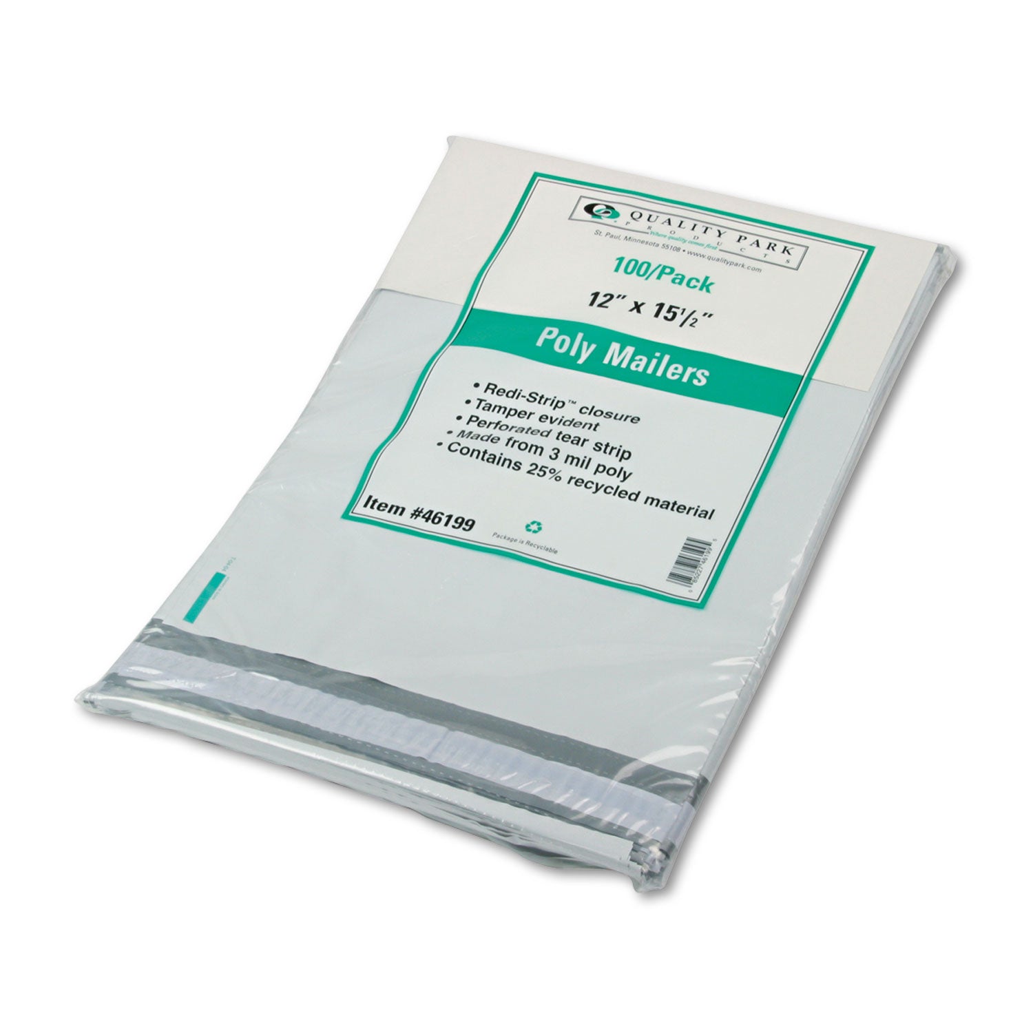 Redi-Strip Poly Mailer, #5, Square Flap with Perforated Strip, Redi-Strip Adhesive Closure, 12 x 15.5, White, 100/Pack -