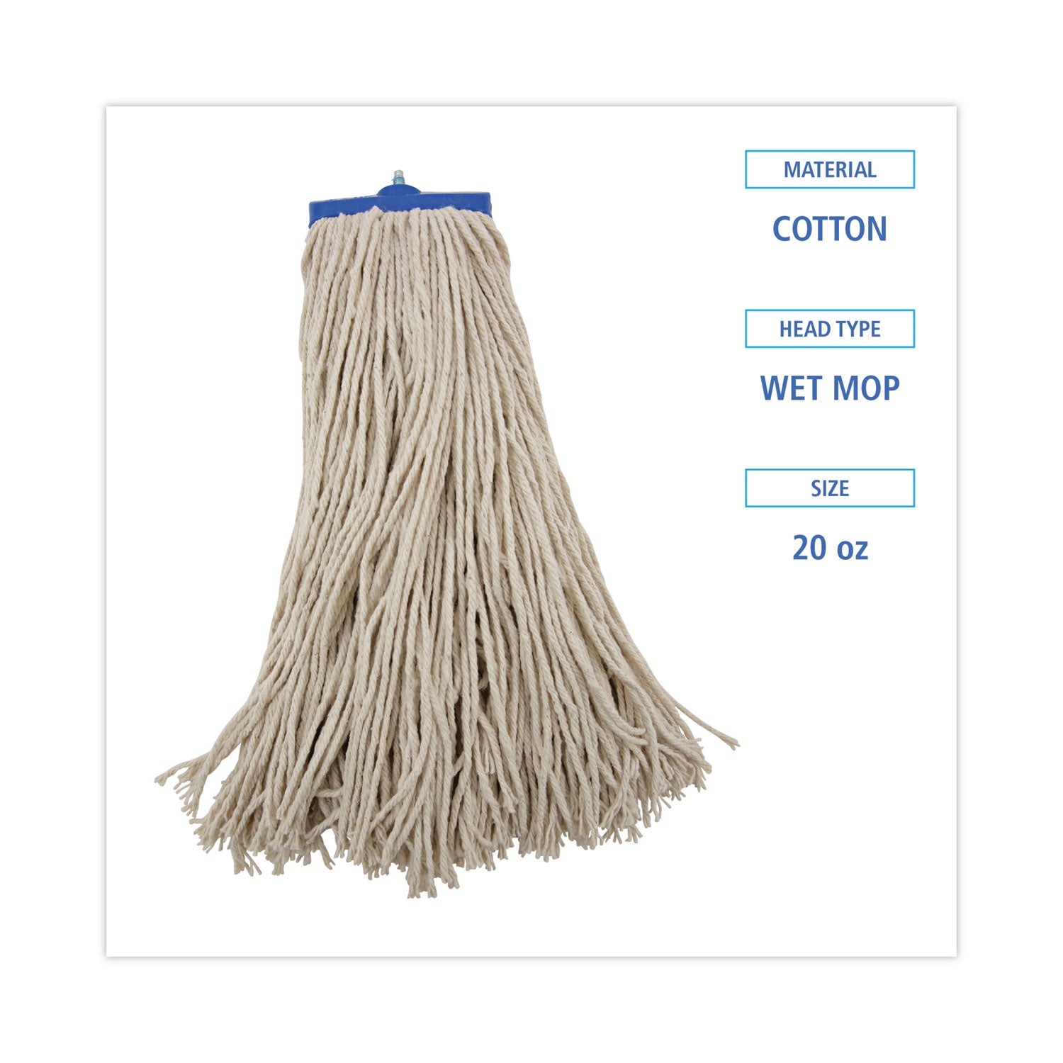 Mop Head, Economical Lie-Flat Head, Cotton Fiber, 20 oz, White, 12/Carton -
