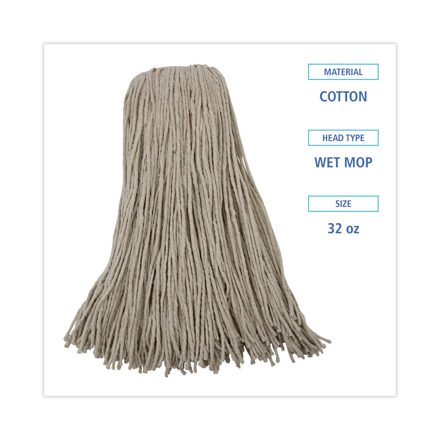Mop Head, Economical Lie-Flat Head, Cotton Fiber, 32oz, White, 12/Carton -