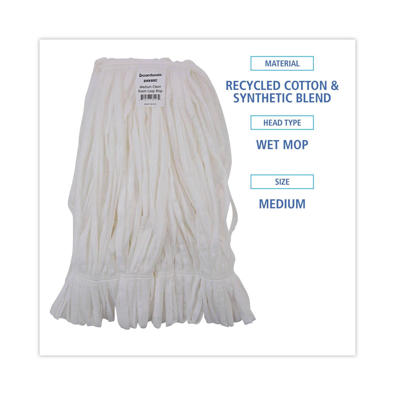 Mop Head, Looped, Enviro Clean With Tailband, Medium, White, 12/Carton -