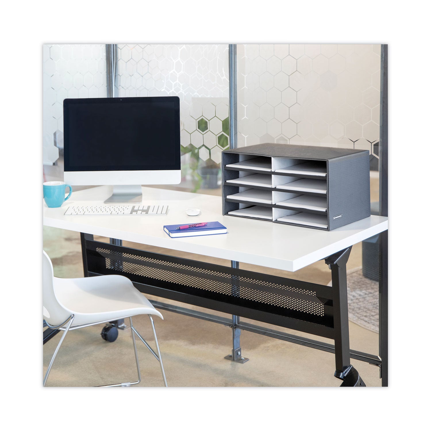 Decorative Sorter, 8 Letter Compartments, 19.5 x 12.38 x 10.25, Black/White Brocade -