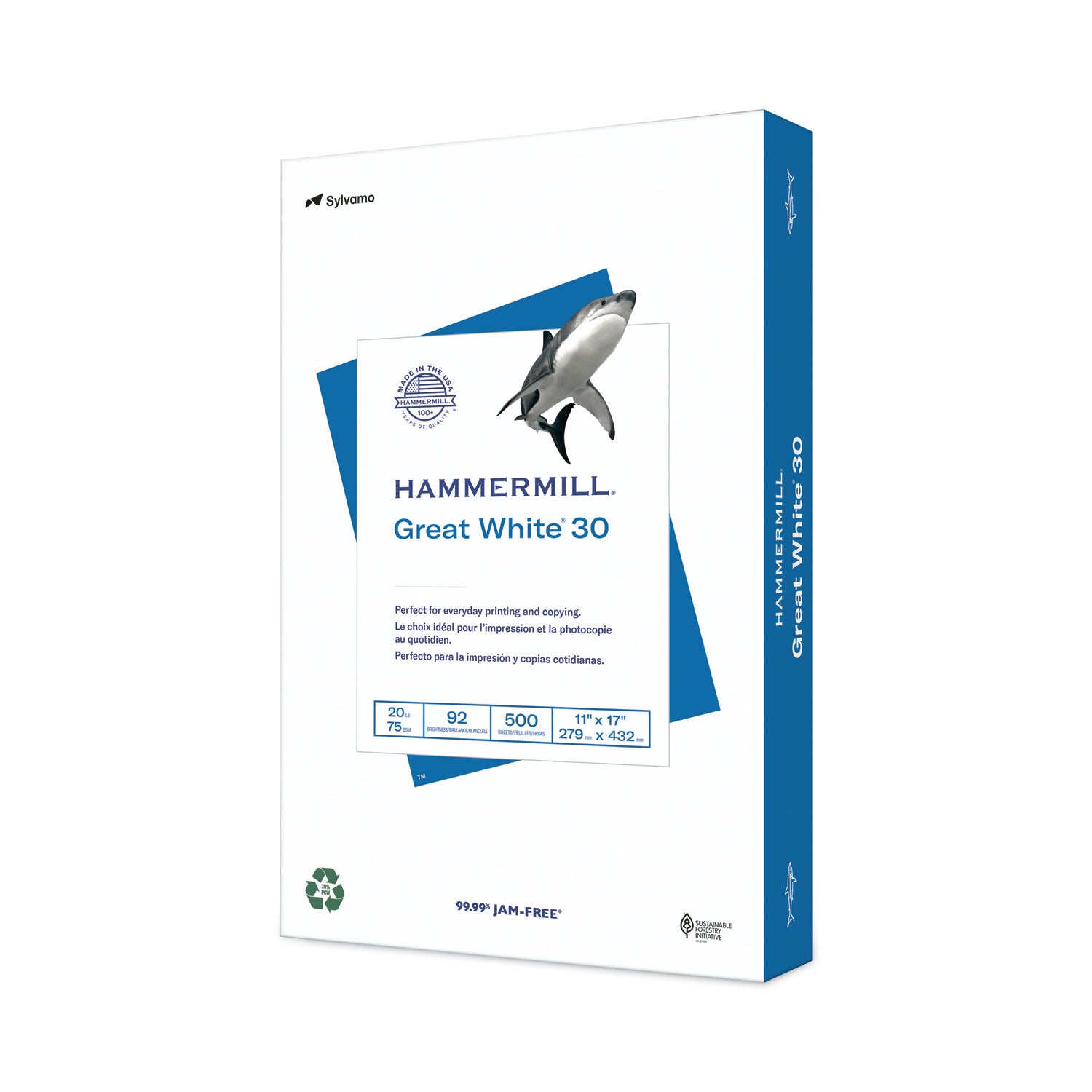 Great White 30 Recycled Print Paper, 92 Bright, 20 lb Bond Weight, 11 x 17, White, 500/Ream -