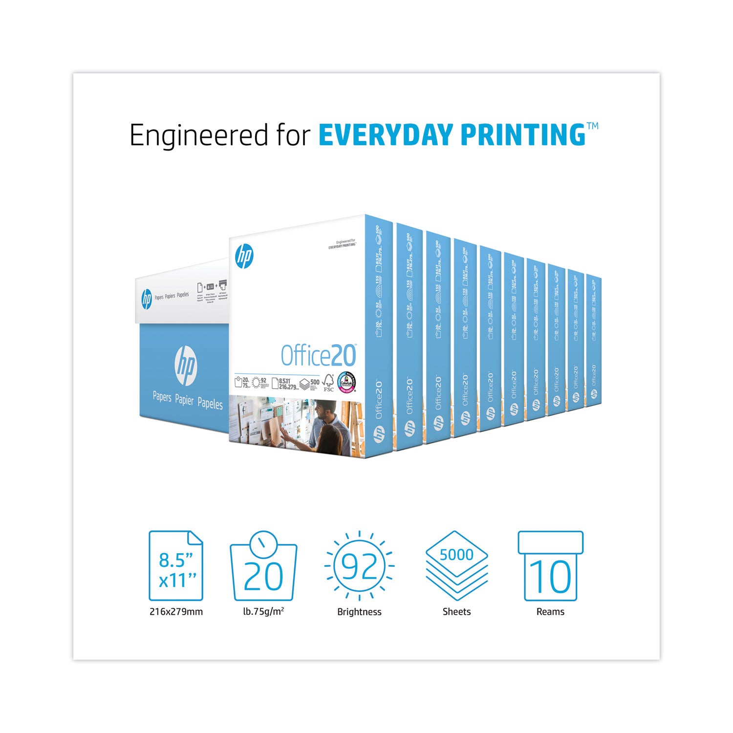 Office20 Paper, 92 Bright, 20 lb Bond Weight, 8.5 x 11, White, 500 Sheets/Ream, 10 Reams/Carton -