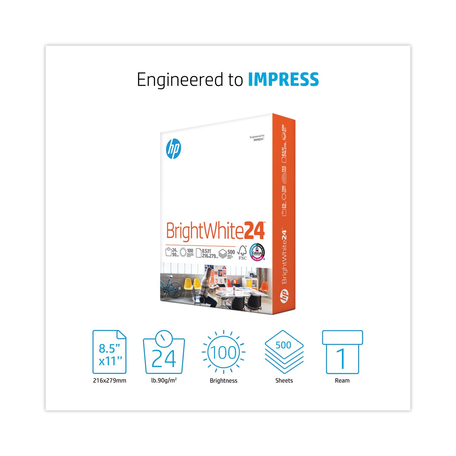 Brightwhite24 Paper, 100 Bright, 24 lb Bond Weight, 8.5 x 11, Bright White, 500/Ream -