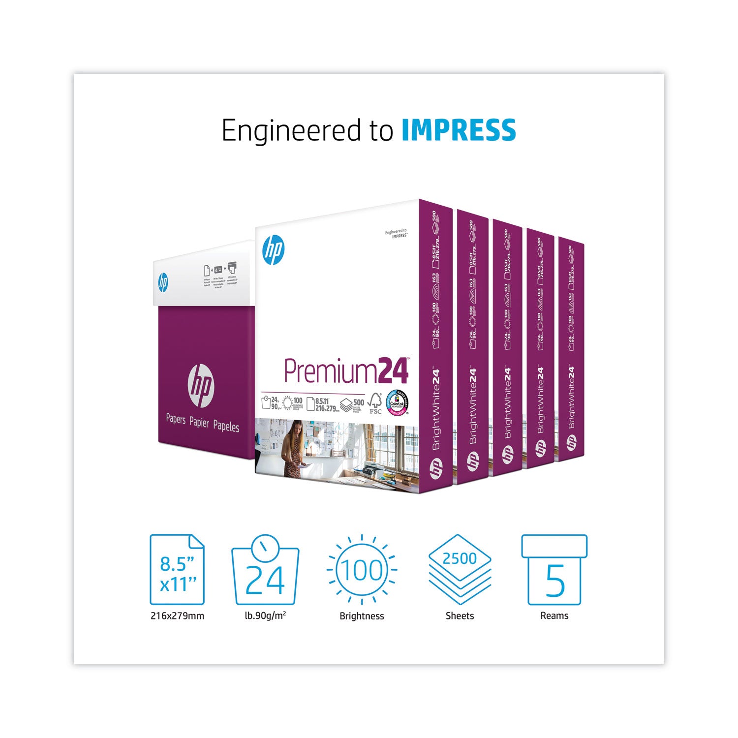Premium24 Paper, 98 Bright, 24 lb Bond Weight, 8.5 x 11, Ultra White, 500 Sheets/Ream, 5 Reams/Carton -