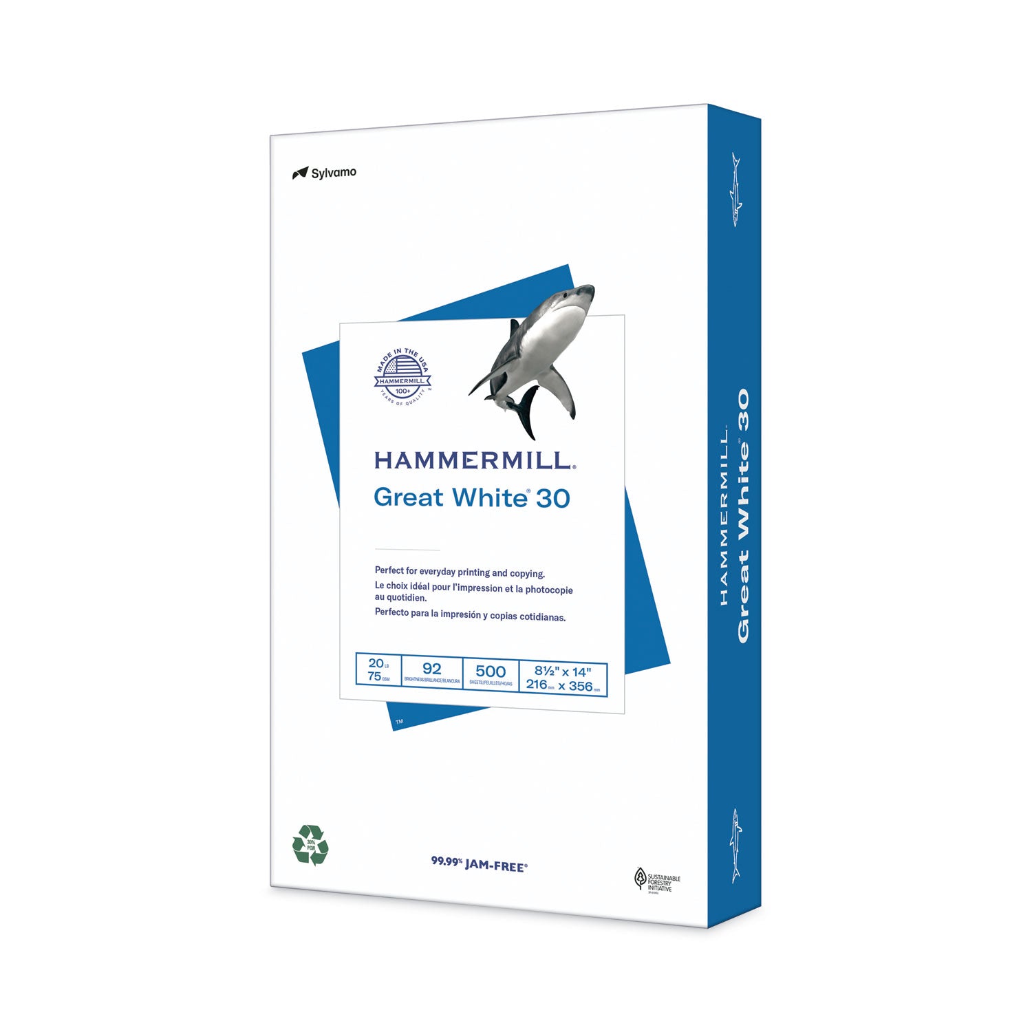 Great White 30 Recycled Print Paper, 92 Bright, 20 lb Bond Weight, 8.5 x 14, White, 500/Ream -