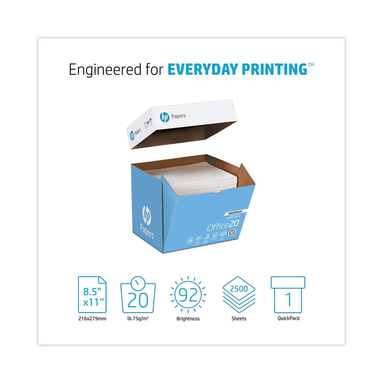Office20 Paper, 92 Bright, 20 lb Bond Weight, 8.5 x 11, White, 2, 500/Carton -