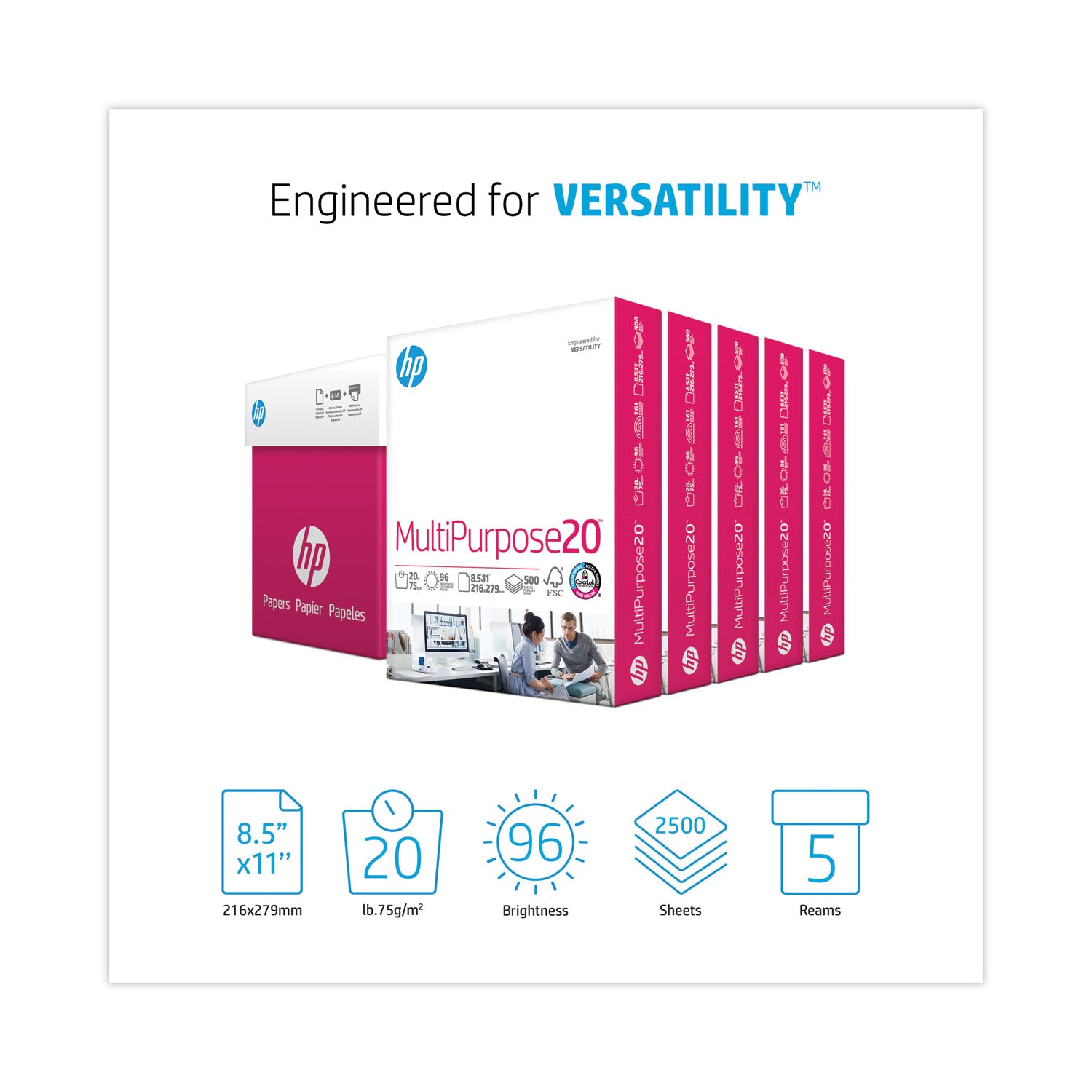 MultiPurpose20 Paper, 96 Bright, 20 lb Bond Weight, 8.5 x 11, White, 500 Sheets/Ream, 5 Reams/Carton -