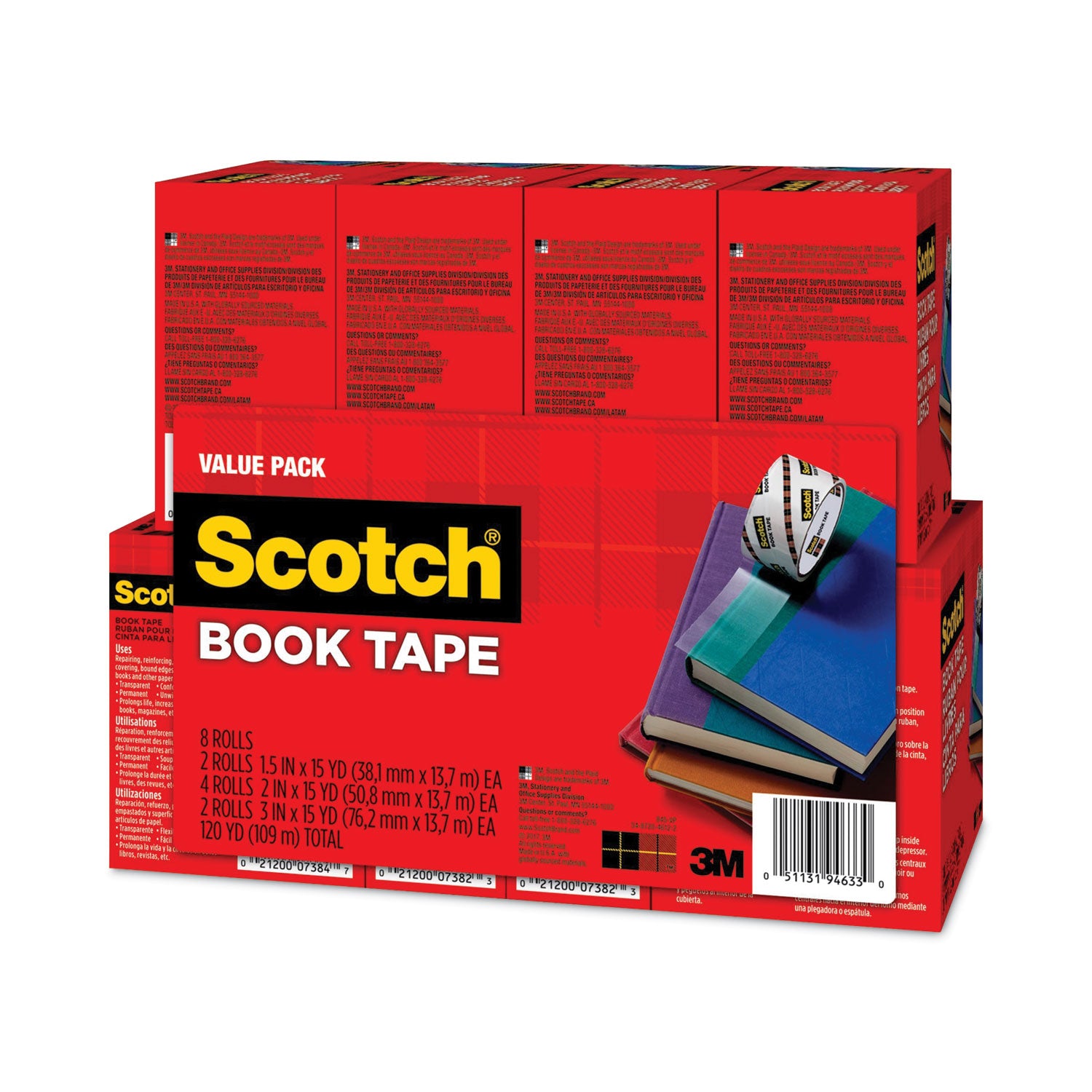 Book Tape Value Pack, 3" Core, (2) 1.5" x 15 yds, (4) 2" x 15 yds, (2) 3" x 15 yds, Clear, 8/Pack -