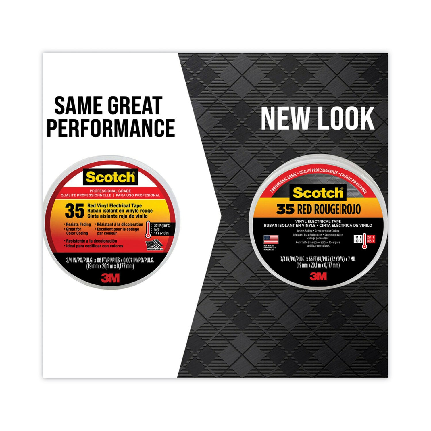 Scotch 35 Vinyl Electrical Color Coding Tape, 3" Core, 0.75" x 66 ft, Red -
