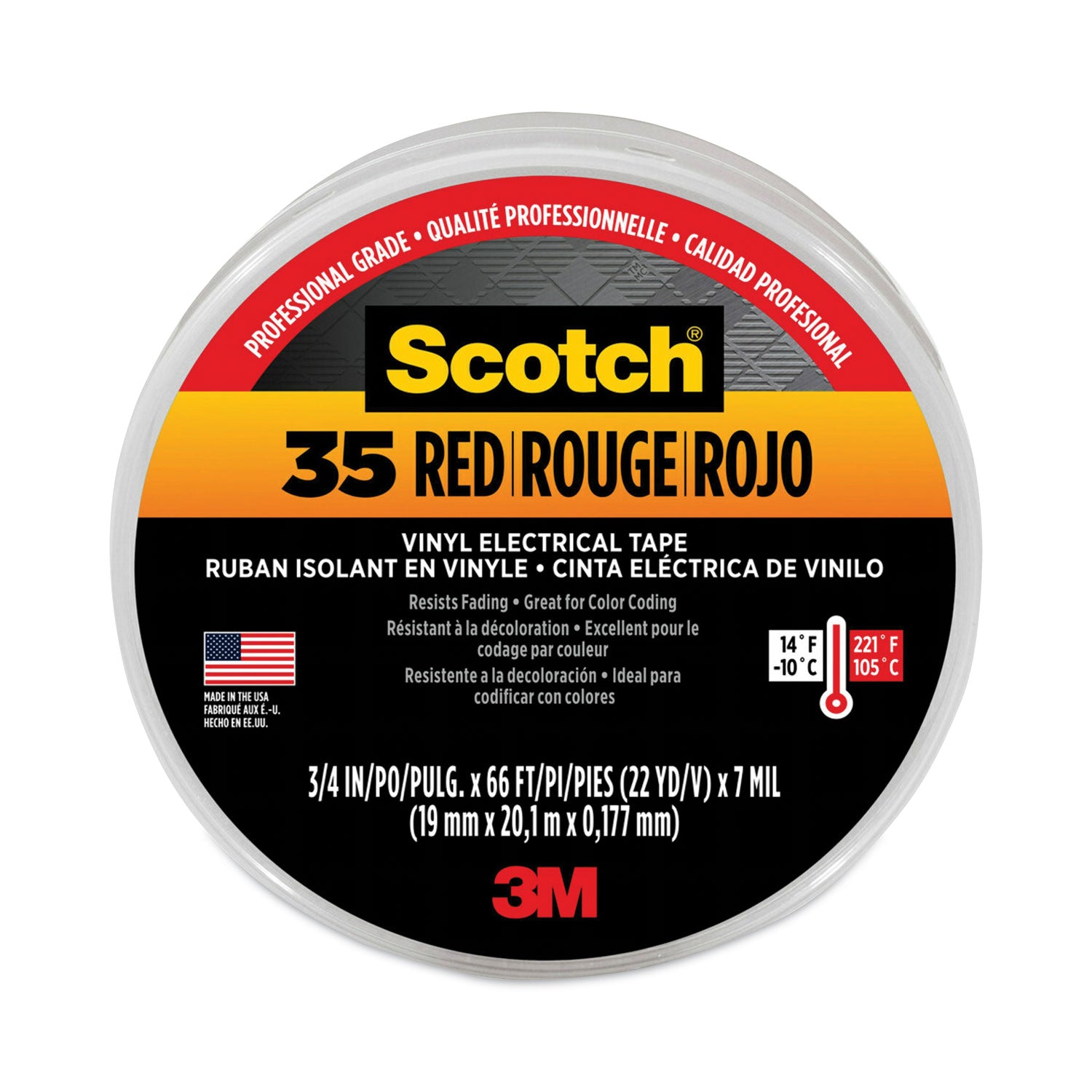 Scotch 35 Vinyl Electrical Color Coding Tape, 3" Core, 0.75" x 66 ft, Red -