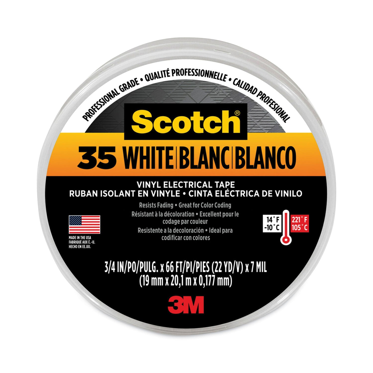 Scotch 35 Vinyl Electrical Color Coding Tape, 3" Core, 0.75" x 66 ft, White - 1