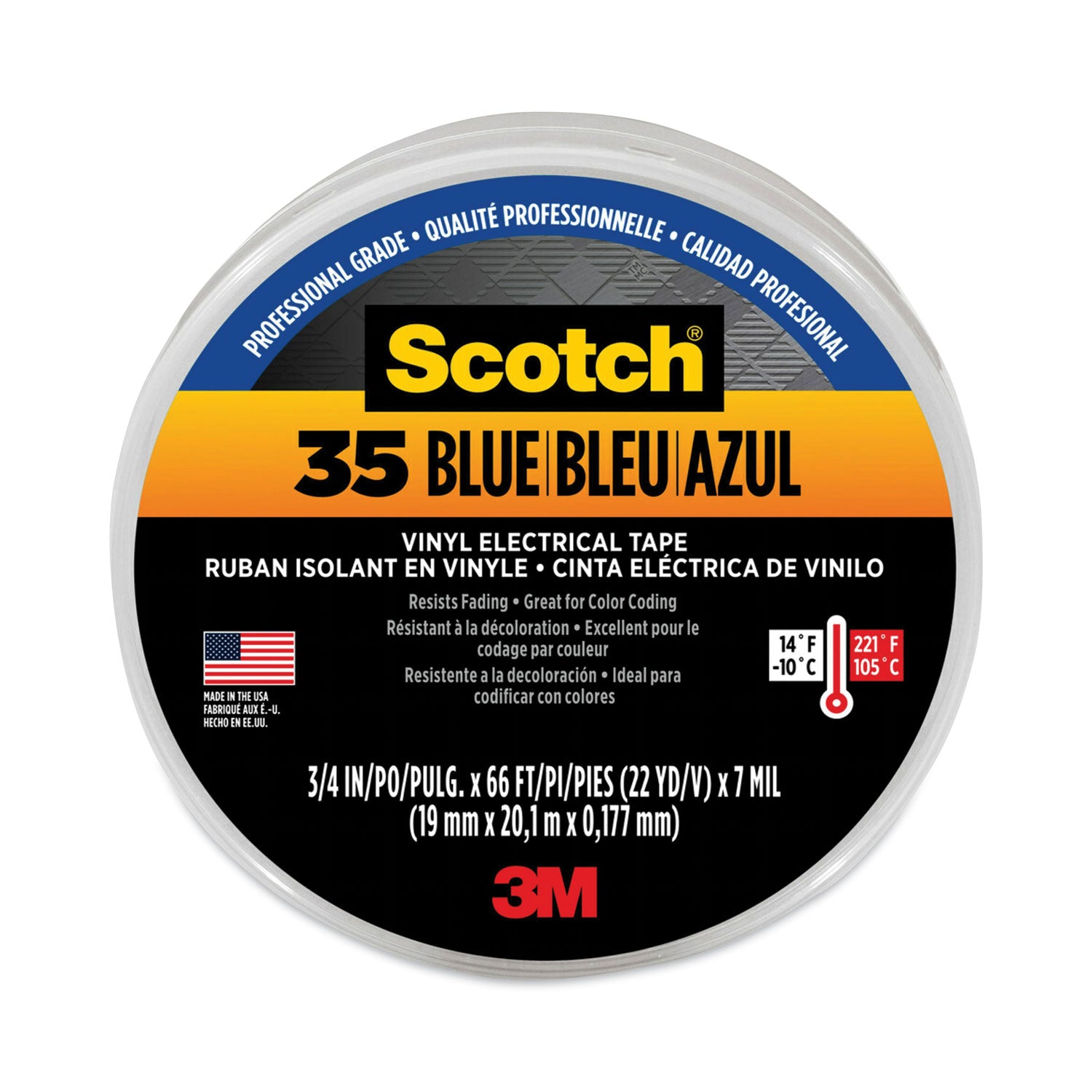 Scotch 35 Vinyl Electrical Color Coding Tape, 3" Core, 0.75" x 66 ft, Blue -