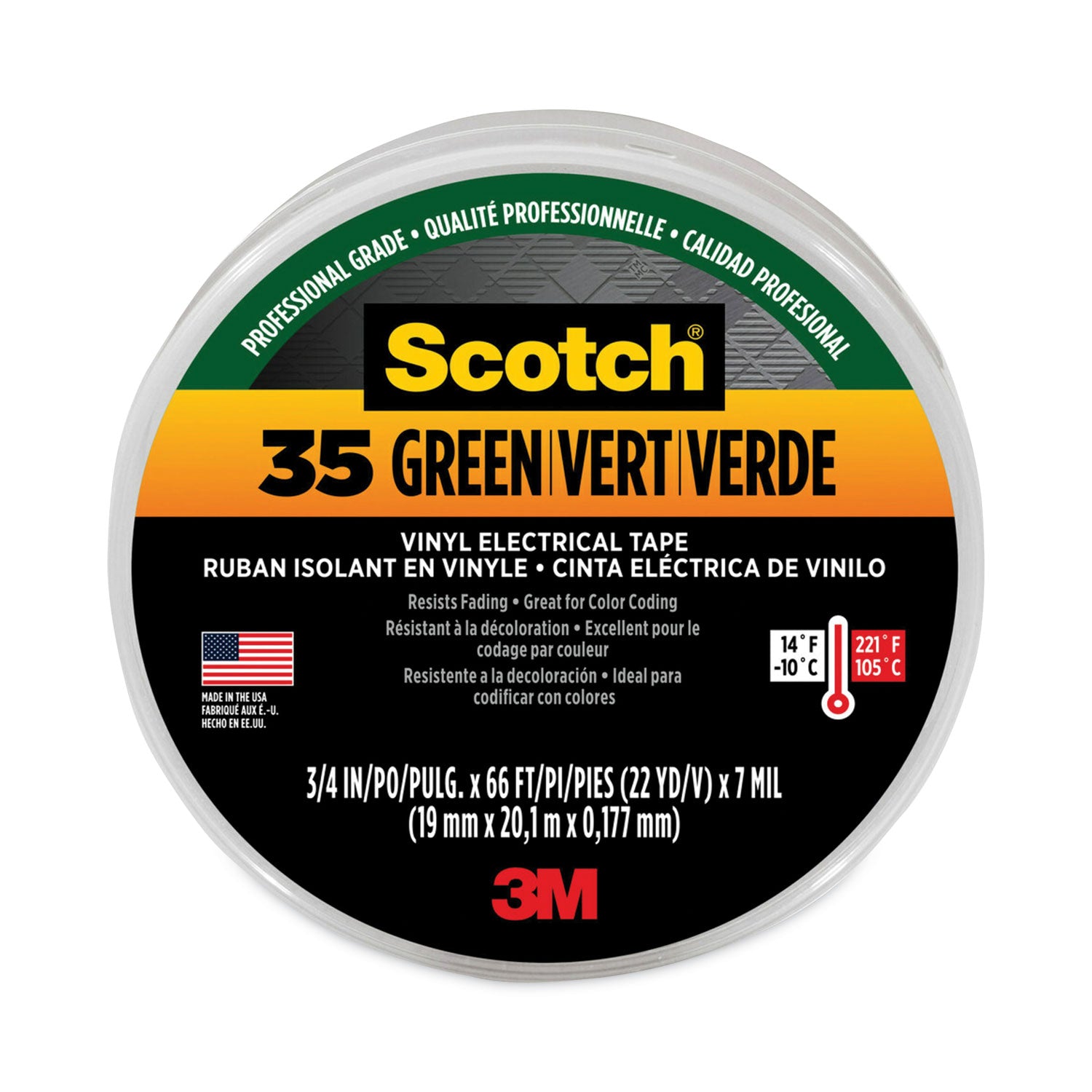 Scotch 35 Vinyl Electrical Color Coding Tape, 3" Core, 0.75" x 66 ft, Green -