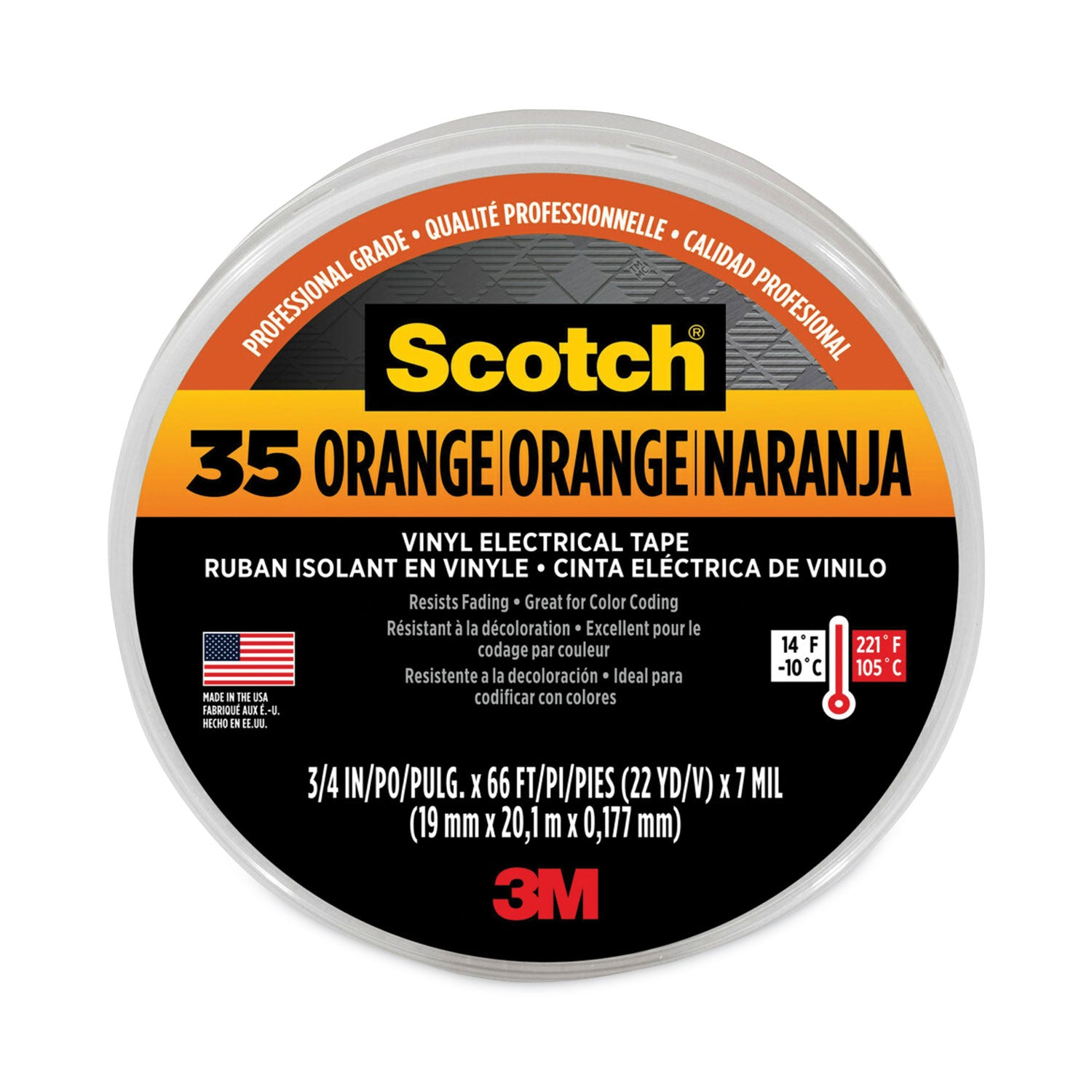 Scotch 35 Vinyl Electrical Color Coding Tape, 3" Core, 0.75" x 66 ft, Orange -