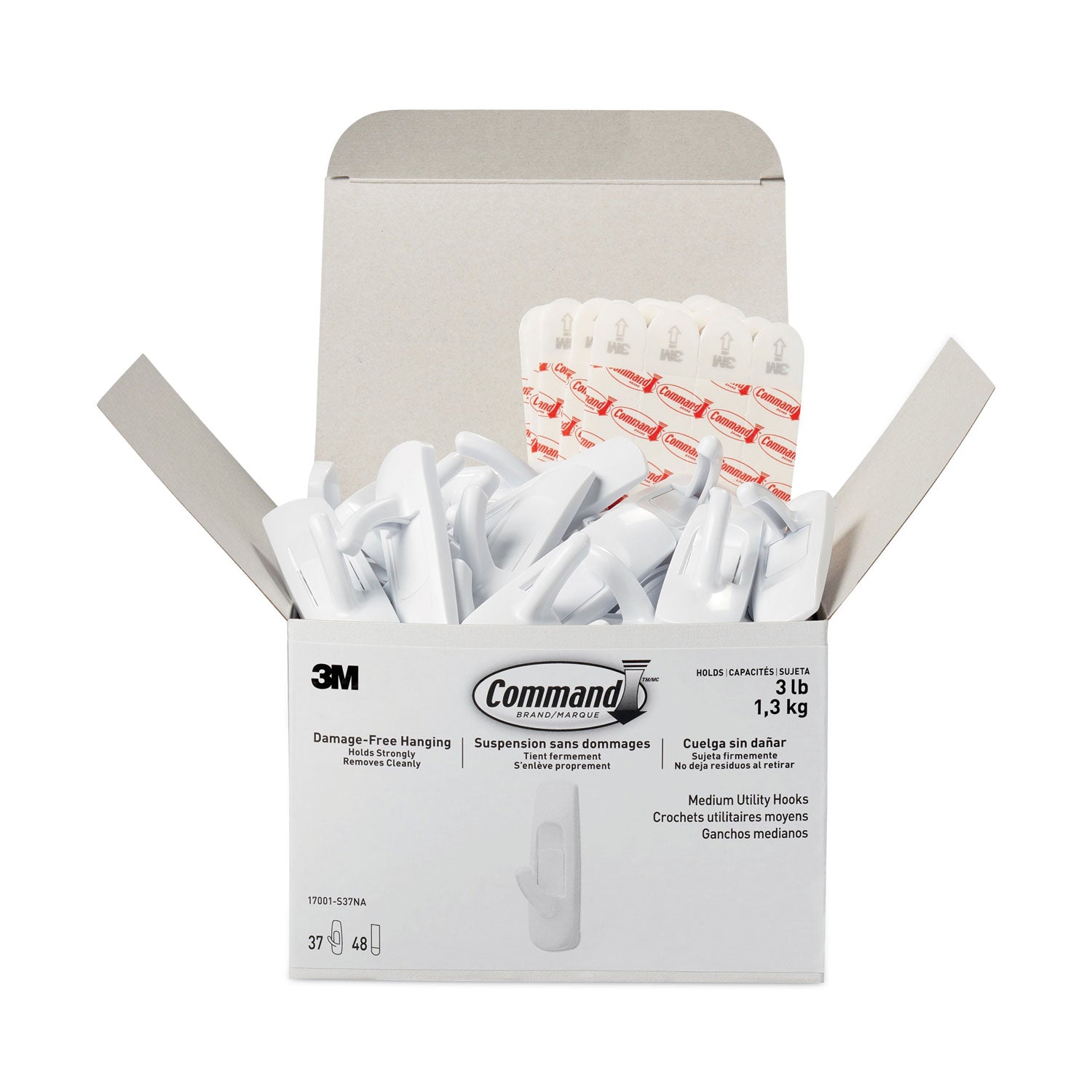 general-purpose-hooks-medium-plastic-white-3-lb-capacity-37-hooks-and-48-strips-pack_mmm17001s37na - 1